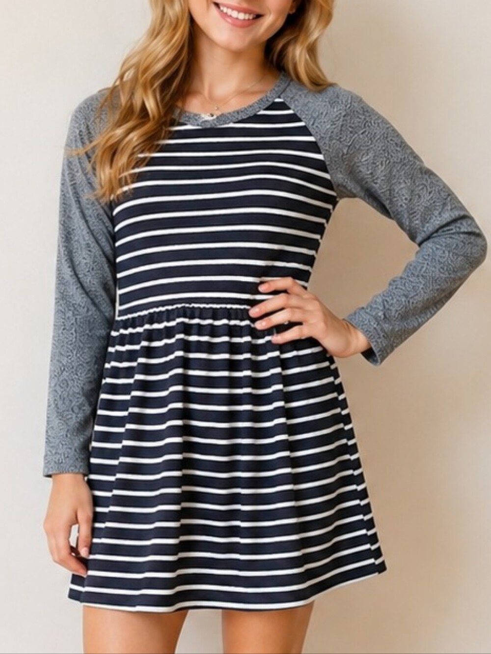 NEVER WORN Striped Black & Gray Long-Sleeve Casual Dress ONE CLOTHING Sz M